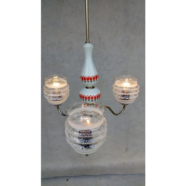 Material: metal, glass, ceramics. Nice authentic retro vintage chandelier. Holder - golden metal with patina, white...