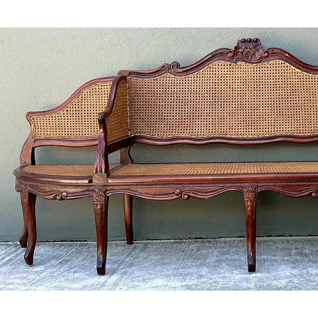 Vintage Carved Wood and Cane Settee For Sale - Image 11 of 12
