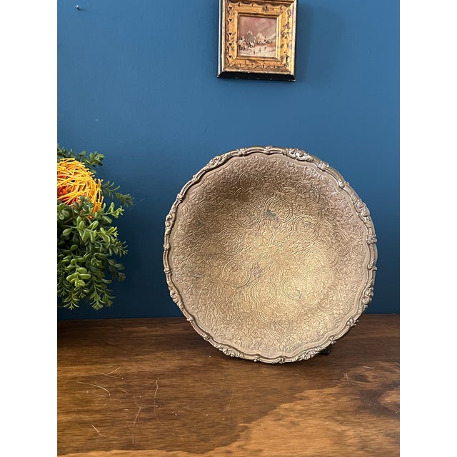 Vintage Brass Pedestal Bowl With Ornate Repoussé Decoration For Sale - Image 4 of 17