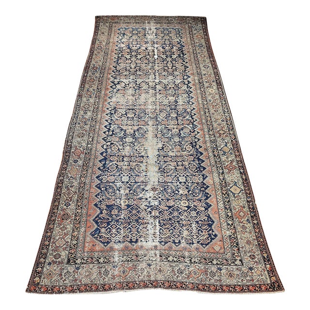 Antique Persian Malayer Gallery Rug, Hand-Knotted Wool, Geometric Pattern, 7x15, Blue & Ivory For Sale