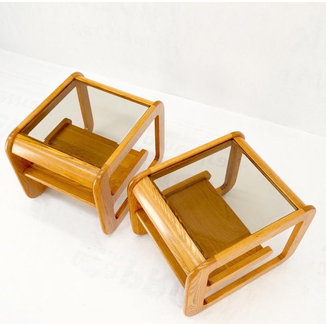 Pair of Mid-Century Solid Oak Smoked Glass Top End Side Tables W Shelves Mint! For Sale - Image 9 of 18