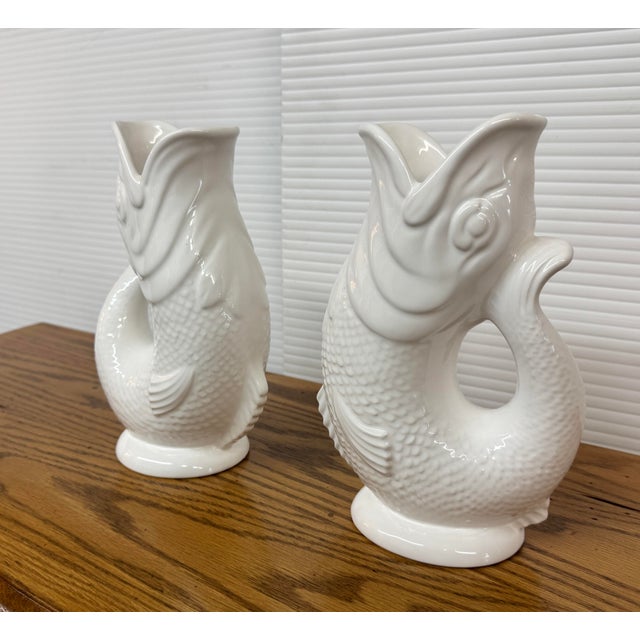 English Gluggle Fish-Shaped Jugs, Pair For Sale - Image 3 of 12