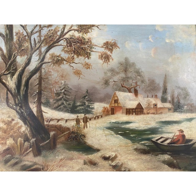Antique oil on canvas landscape painting. Subject is a winter scene with Tudor cottage and man in boat. Comes in period...
