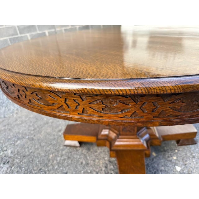 Antique Hand Carved Tiger Oak Pedestal Base Dining Table. For Sale - Image 12 of 17