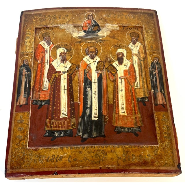 19th Century Russian Icon Synaxis of Hierarch Saints, Christ Pantokrator, 1850s For Sale - Image 11 of 12