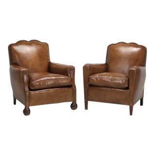 Restored French Art Deco Leather Club Chairs For Sale