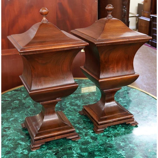 Pair of Late 19th Century English Mahogany Regency Style Urn Knife Boxes Dimensions : 11" Wide X 11" Deep X 22.5" Tall...