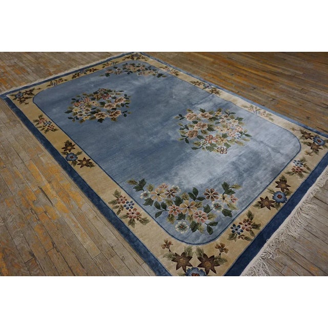 1980s Ligth Blue Floral Vintage Silk Chinese Art Deco Carpet 6'2" X 9' Handknotted Rug For Sale - Image 9 of 12