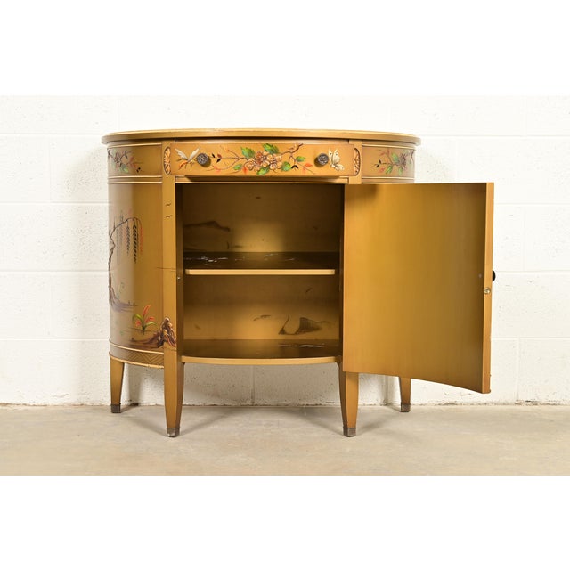 Imperial Furniture Regency Chinoiserie Gold Lacquered Hand Painted Demilune Console or Bar Cabinet, Circa 1940s For Sale - Image 10 of 14