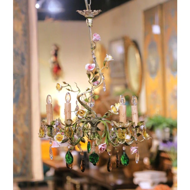 Early 20th Century French Floral Porcelain and Crystal Five-Light Chandelier For Sale In Dallas - Image 6 of 9