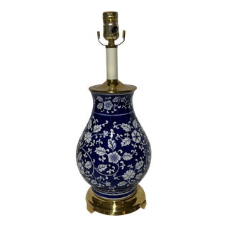 Vintage Blue and White and Brass Lamp For Sale