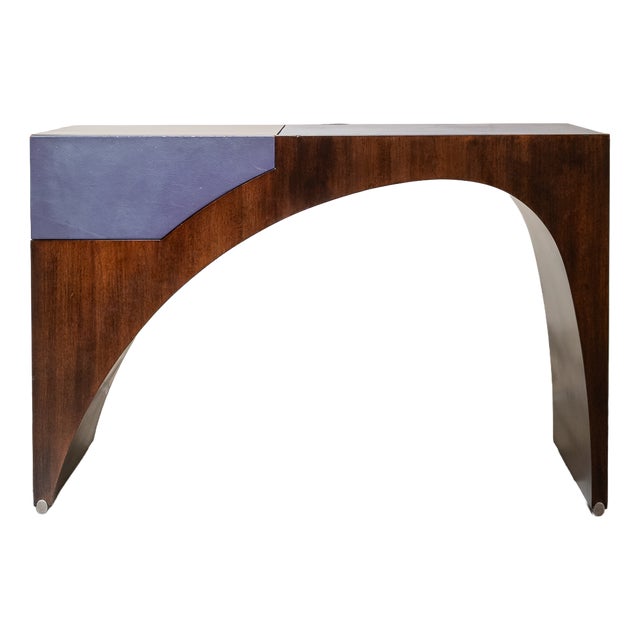 French Postmodern Dressing Table in Walnut Wood and Lilac Leather., 1980s For Sale