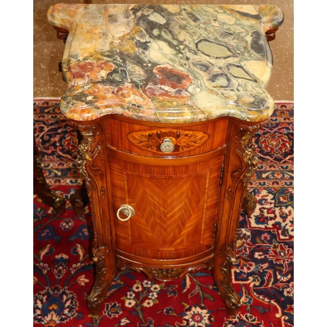 Pair of French Louis XV Style Marble Top Kingwood Inlaid End Table Nightstands For Sale - Image 11 of 18