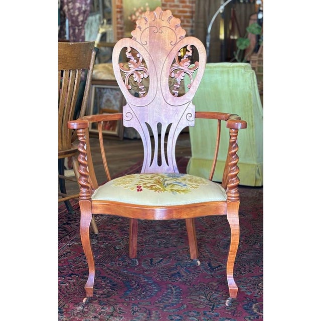 Wood Antique Victorian Armchair With Floral Embroidered Upholstered Seat For Sale - Image 7 of 7