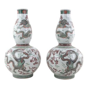 A Pair of Early 20th-Century Chinese Multicolored Dragon-Patterned Porcelain Gourd Vases, Bearing Imitation Qing Dynasty Kangxi Reign Marks.