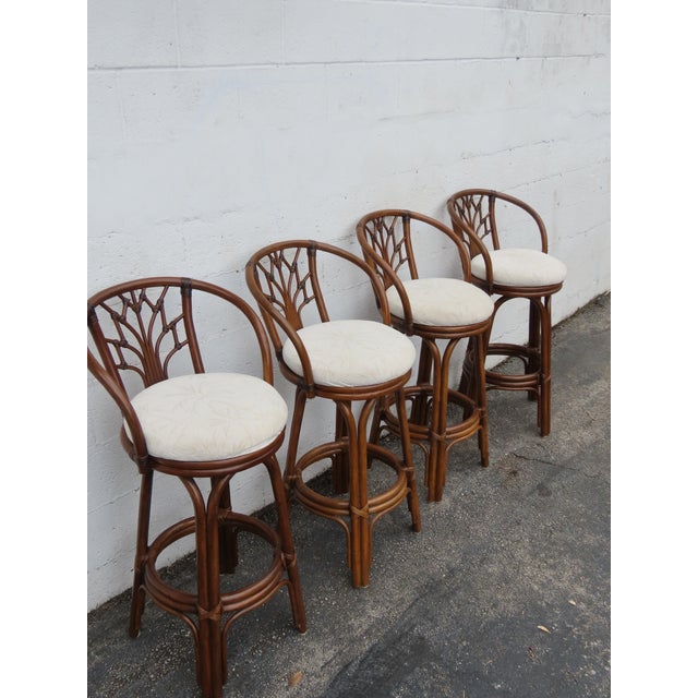 Late 20th Century Hollywood Regency Bamboo Rattan Swivel Barstools a Set of Four 6367 For Sale - Image 5 of 18