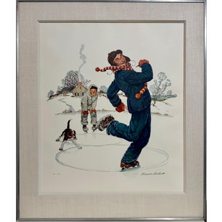 Norman Rockwell Original Lithograph Ice Skating Hand Signed Americana, 1976 For Sale