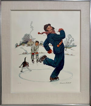 Norman Rockwell Original Lithograph Ice Skating Hand Signed Americana, 1976