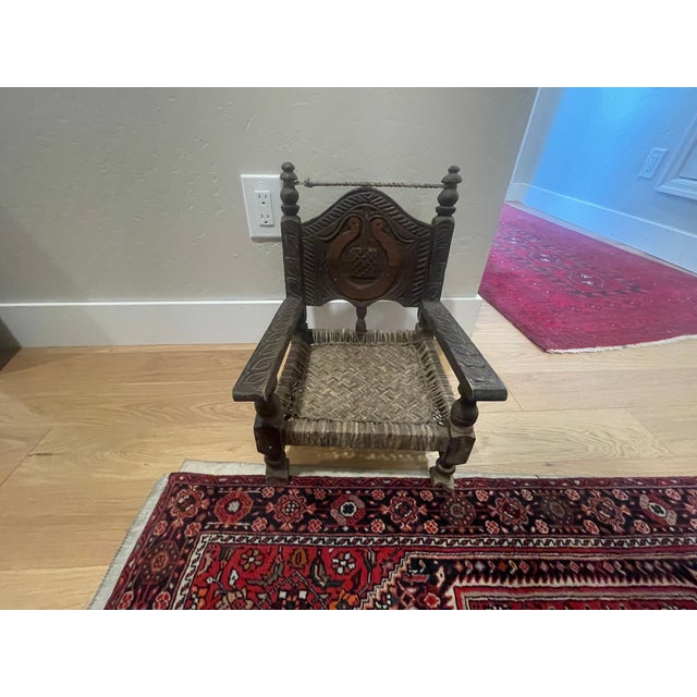 Workaday Handmade Early 20th Century Folk Art Nuristan Hand Carved & Cane Cedar Low Chair For Sale - Image 4 of 8