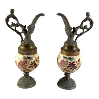 Statement Antique Victorian Spelter & Hand-Painted Ceramic Mantel Ewers - A Pair For Sale