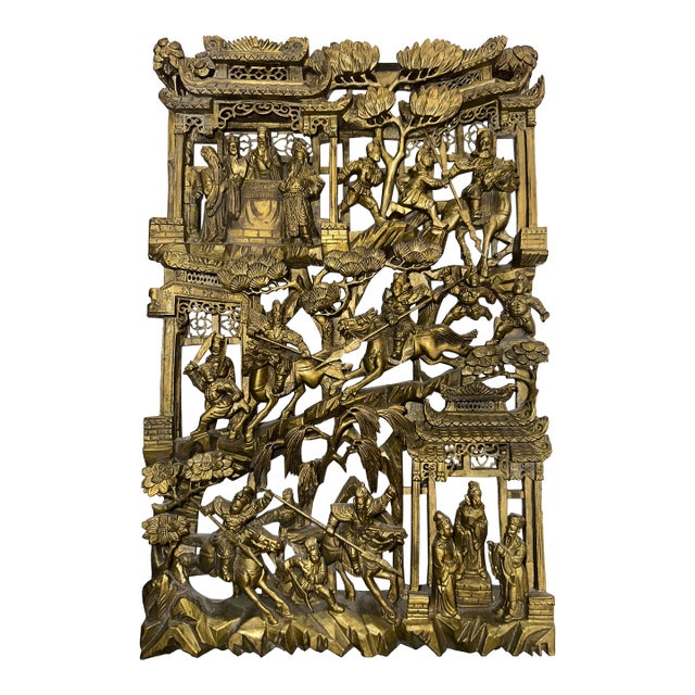 Antique Chinese Gilt Carved Wood Wall Panel, Battle Scene Relief For Sale