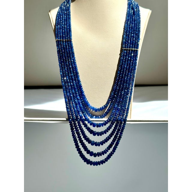 760 Carat Natural Sapphire Bead Seven Strand Necklace 14K Gold With Spacer 28" For Sale - Image 9 of 18