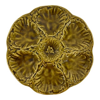 1950s French Gien Majolica Olive Green Oyster Plate For Sale