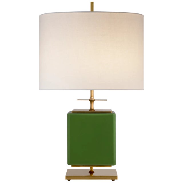 Kate Spade New York for Visual Comfort Signature Beekman Small Table Lamp in Green Reverse Painted Glass with Cream Linen Shade For Sale