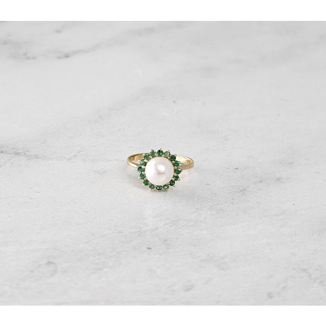 Pearl & Emerald Halo Ring 14k Yellow Gold, Size 8 For Sale - Image 4 of 5