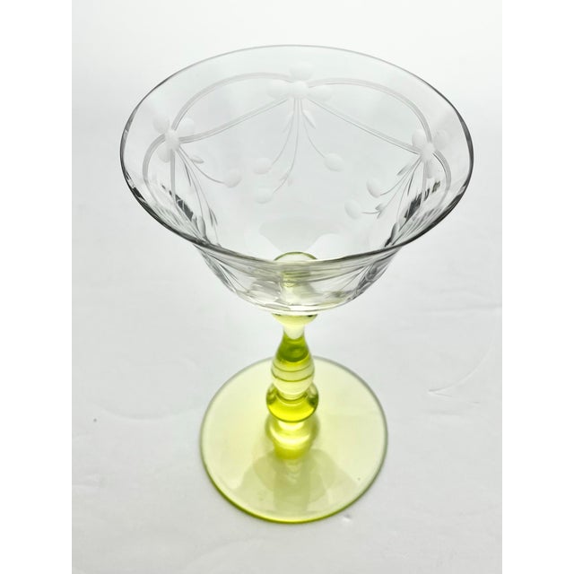 1930s 1930s Vaseline-Uranium Etched Flowers Optic Coupe Champagne Glasses - Set of 3 For Sale - Image 5 of 8