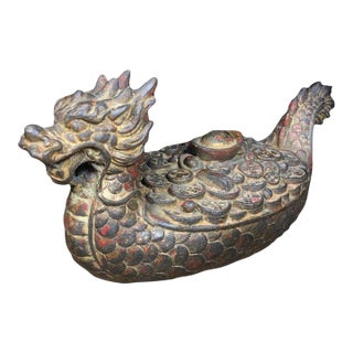 Vintage Gilt Bronze Dragon Boat Sculpture With Coin Motif and Red Patina For Sale