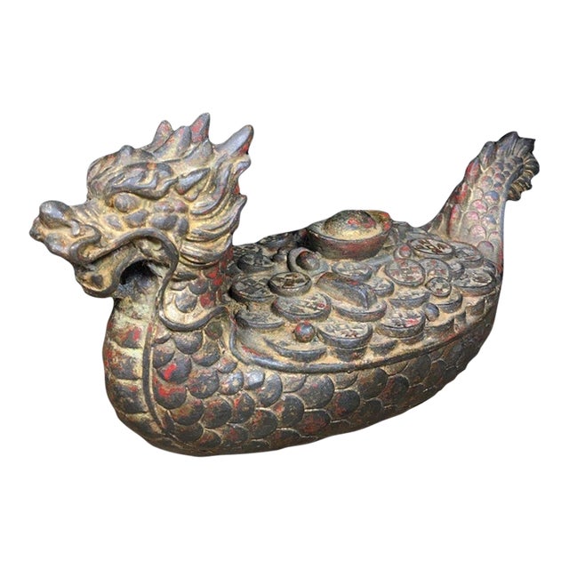 Vintage Gilt Bronze Dragon Boat Sculpture With Coin Motif and Red Patina For Sale
