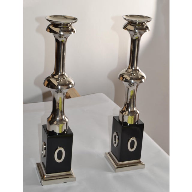 2 Art Deco Style Heavy Votive Polished Nickel Black Decorate Base Candle Holder For Sale - Image 9 of 15