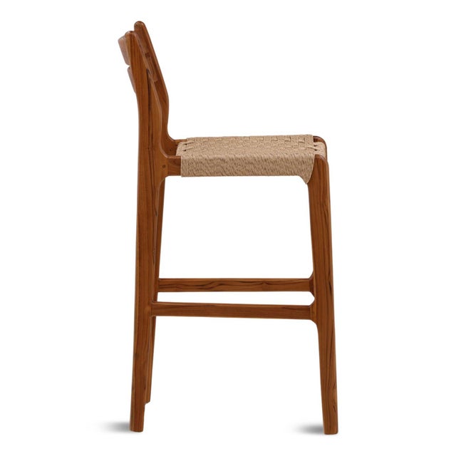 Contemporary Coastal Modern Teak & Woven Seat Outdoor Bar Stool For Sale - Image 3 of 5