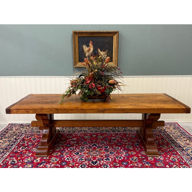 Antique French Country Farm Dining Table Farmhouse Trestle Base Honey Oak For Sale - Image 4 of 17
