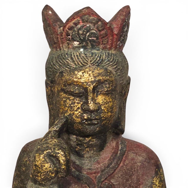 Early 20th Century Asian Polychrome Seated Bodhisattva Sculpture on Lotus Base 23" For Sale - Image 5 of 17