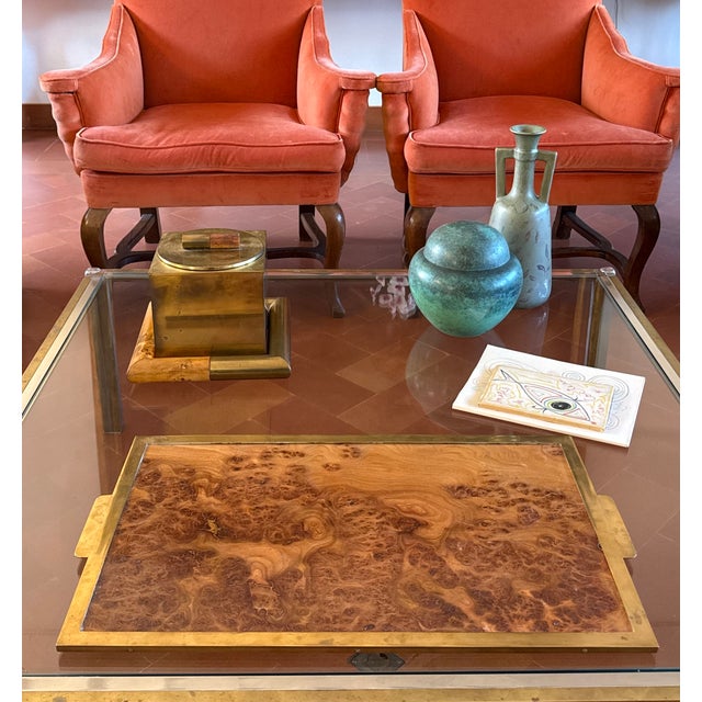 Mid-century great brass & burl tray Italy 1970s brass, burl H 3 cm x 68 cm × 40 cm Conditions: excellent consistent with...