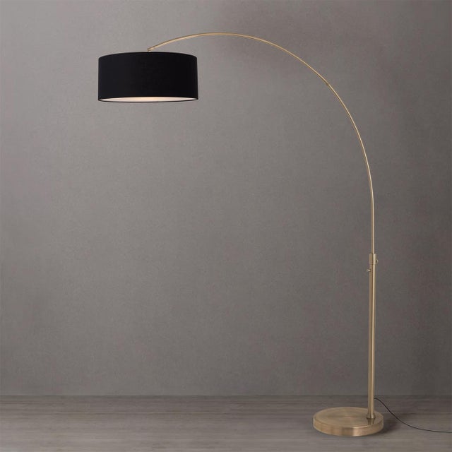 Mid-Century Modern 1960s 92" Mid Century Float Brass Floor Lamp Modern Arc Lamp, Black Linen Drum Shade, Dimmable For Sale - Image 3 of 4