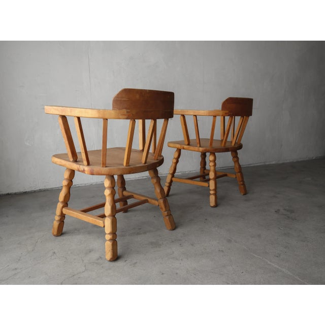 Early 20th Century Pair of Antique Craftsman Wood Barrel Arm Chairs For Sale - Image 5 of 9