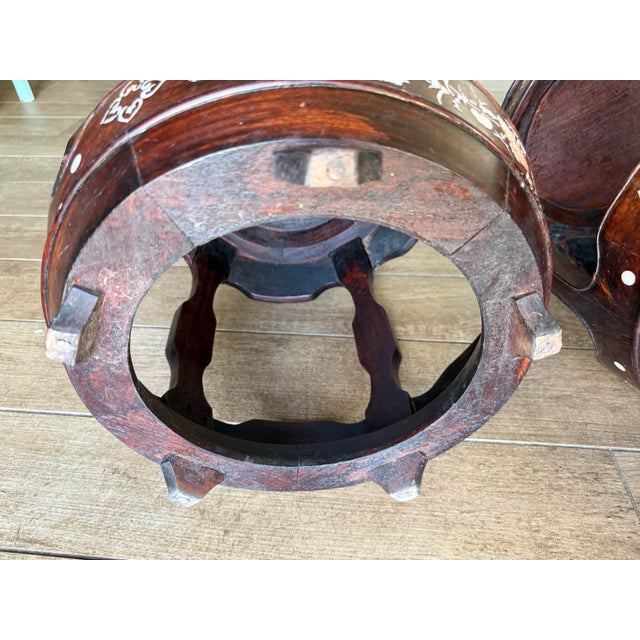 Brown Pair Vintage Hardwood Drum Stools Mother of Pearl Inlay Chinese Chinoiserie For Sale - Image 8 of 8