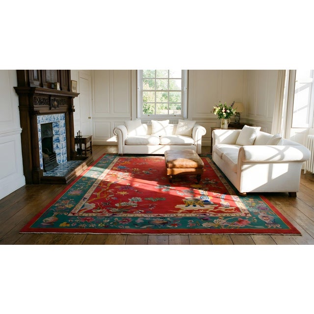 1920s Red Floral Vase Antique Chinese Art Deco Carpet 9' X 11' 8'' Handknotted Wool Rug For Sale - Image 11 of 12