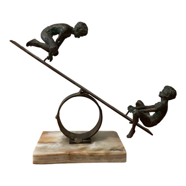 Playful Signed Bronze Seesaw Sculpture by Curtis Jere Circa 1969 For Sale