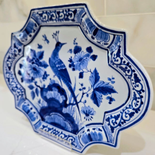 Vintage Royal Delft Blue & White Bird & Floral Wall Plaque, Porceleyne Fles Hand-Painted Dutch Faience Charger Plate For Sale In Dallas - Image 6 of 9