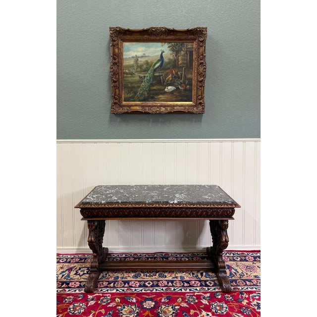 Wood Antique French Coffee Table Bench Window Seat Marble Top Oak Renaissance Revival For Sale - Image 7 of 18