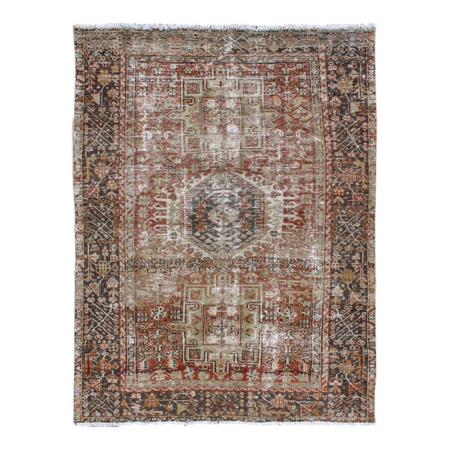 Distressed Persian Hand Knotted Karadjeh Rug With Medallion Geometric Tribal Design For Sale