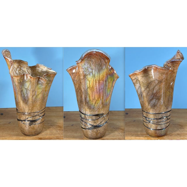 Murano Iridescent Art Glass Gold Tan Handkerchief Vase For Sale - Image 4 of 12