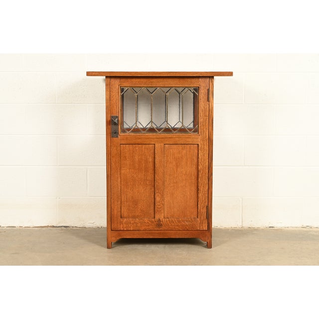 Stickley Stickley Roycroft Mission Oak Arts & Crafts Chafing Dish Stand or Side Cabinet With Leaded Glass For Sale - Image 4 of 15