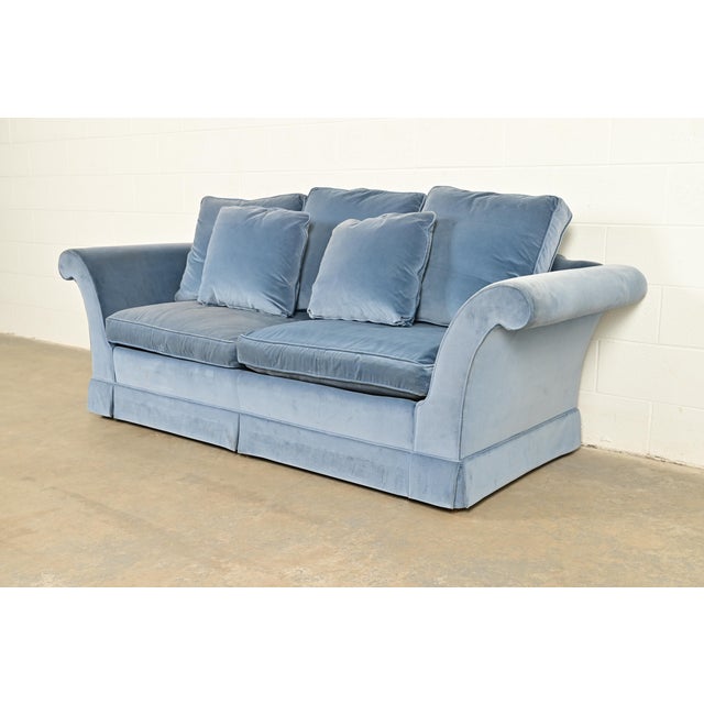 Contemporary Baker Furniture Blue Velvet Upholstered Roll Arm Sofa For Sale - Image 3 of 13