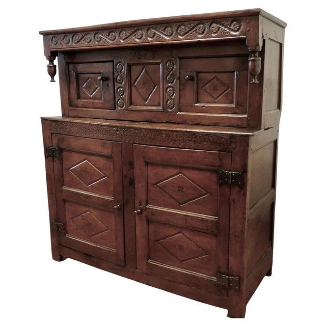 Antique Court Cupboard in Carved Oak, 1673 For Sale - Image 14 of 14