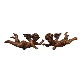 Pair of Antique 18th C Carved Cherub Angel Figures Statue Sculptures For Sale